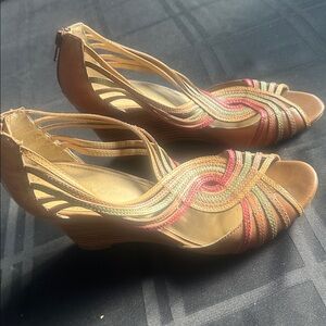 Franco Sarto Multicolor Strappy Leather Heels in Brown, Gold, Pink